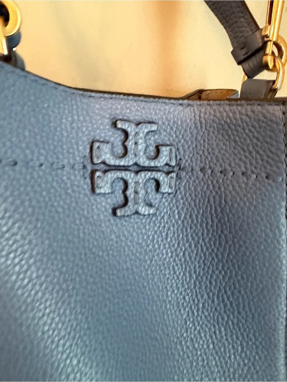 TORY BURCH McGraw Small 2way Leather Logo Hand Tote Bucket Bag Blue Crossbody